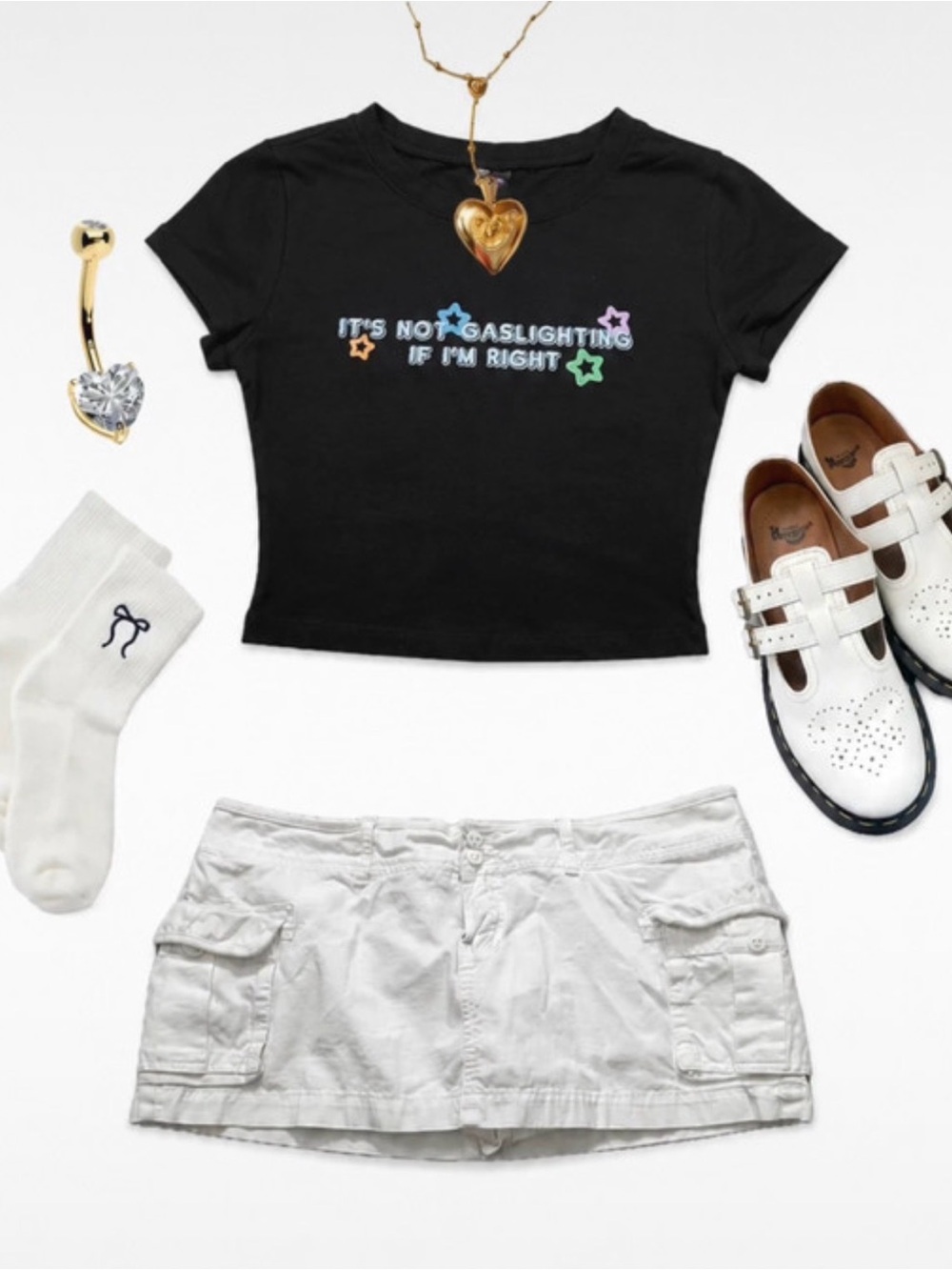 Cherry LA Black Graphic Crop Top with Pastel Star Accents